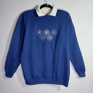 Vintage Bonnie Evans Snowflake Sweatshirt Blue Collared Crewneck 1X